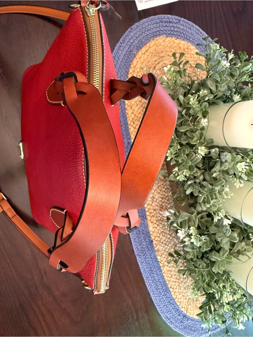 Dooney & Bourke Red Pebble Leather Satchel with Tan leather Braided Handles - Picture 6 of 15